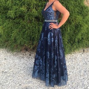 Belted Tulle Glitter Brocade Gown